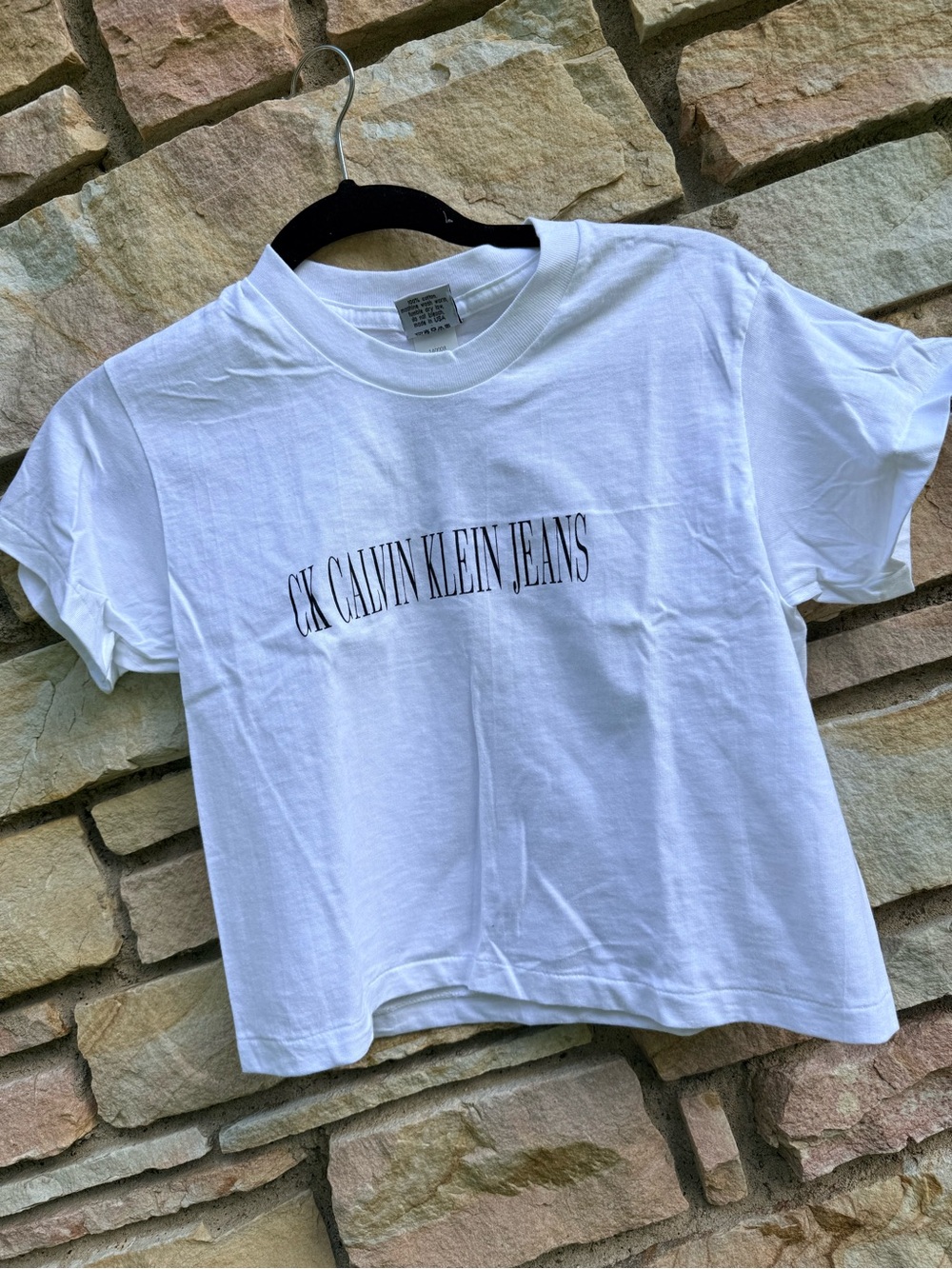 Calvin Klein Jeans White Tee with Black Logo Print Cropped Vintage OS